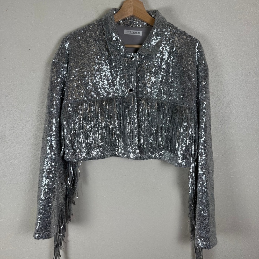 12th Tribe Silver Sequin Fringe Cropped Jacket Womens Size S/M